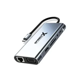 11-in-1 multiport USB-C hub adapter in space gray aluminum, featuring RJ45 Ethernet, VGA, HDMI, SD/microSD card reader, USB-A, USB-C ports, and braided Type-C connector cable