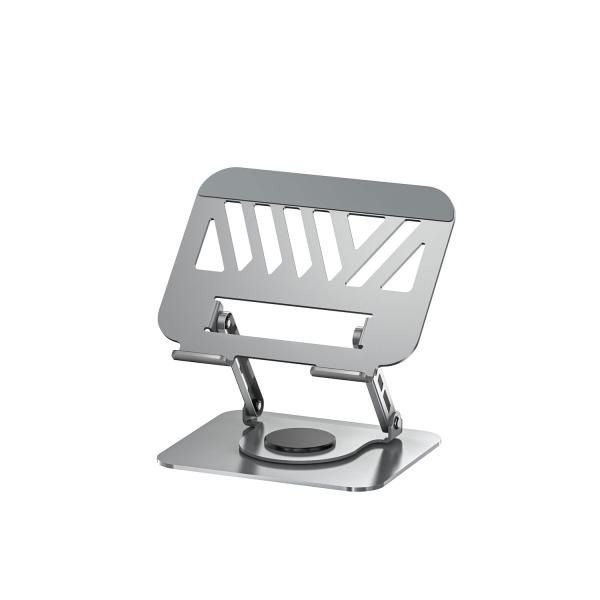 A silver, metallic Aspor A703 360-degree rotating desktop laptop stand. The stand features a foldable dual-axis design with a ventilated backplate for cooling, protective silicone pads on the support hooks, and a circular swivel base for smooth rotation on a flat surface.