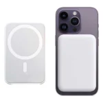 Apple MagSafe Battery Pack attached to the back of a purple iPhone 14 Pro, with the battery pack also shown separately on the left.