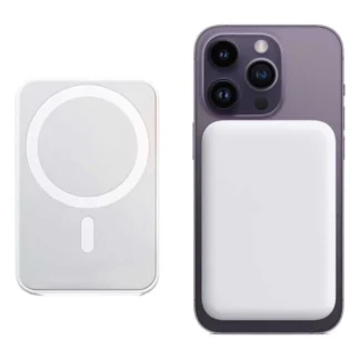 Apple MagSafe Battery Pack attached to the back of a purple iPhone 14 Pro, with the battery pack also shown separately on the left.