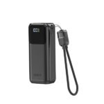 Portable black 10000mah power bank by Aspor with digital LED battery percentage display and attached braided charging cable lanyard.