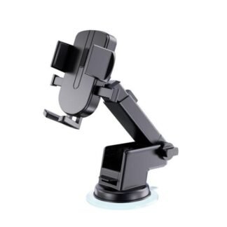 A sleek, black A570 360-degree car mobile holder featuring a heavy-duty suction cup base with a clear gel pad. The mount includes an adjustable telescopic arm and a universal phone cradle with padded side grips and a bottom support bracket, designed for secure dashboard or windshield mounting.