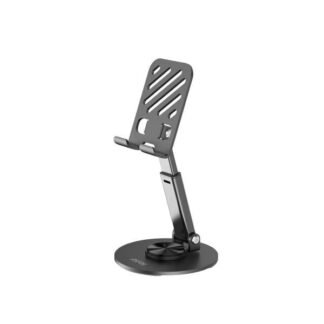 Adjustable metal phone and tablet desk stand with foldable arm, ventilated backplate, and sturdy round base.