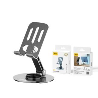 Adjustable aluminum phone and tablet stand with foldable hinge and anti-slip base for desk viewing.