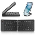 Compact foldable Bluetooth wireless keyboard shown in two positions — folded upright and fully open — alongside a foldable phone stand, featuring a full QWERTY layout, multi-device connectivity button, and compatibility with Android and Windows