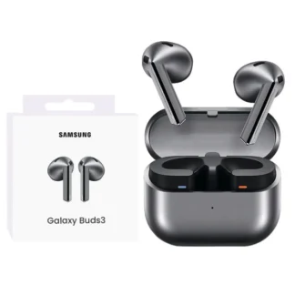 Samsung Galaxy Buds3 R530 wireless earbuds in silver, shown with open charging case and retail box