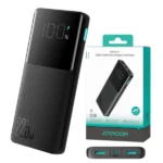 Joyroom JR-QP191 10000mAh 22.5W Fast Charging Power Bank in black, featuring a digital LED display showing 100% battery, fabric-textured body, three output ports (two USB-A and one USB-C), and a teal power button — shown alongside its retail packaging.