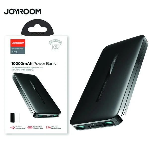 Joyroom JR-T012 10000mAh Power Bank in black, featuring a slim matte finish design with four LED power indicator lights (25%, 50%, 75%, 100%), dual USB-A output ports, Type-C and Micro USB dual input ports, and 2.1A output current — shown alongside its retail packaging.