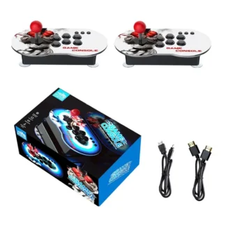 M9 64GB Game Box with dual wireless arcade-style controllers, each featuring a red joystick and multiple action buttons on a white console with fighting game artwork, shown alongside its retail packaging box and included USB and HDMI cables.