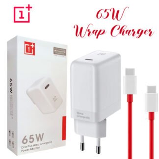 OnePlus 65W Warp Charger with USB-C cable and retail box on white background.