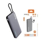 SpeedX Technologies SP-S185 10000mAh USB-A + PD 22.5W Super Fast Charge power bank in gray, shown beside its retail packaging. Features a built-in braided USB-C cable, digital display, and is airline carry-on approved.