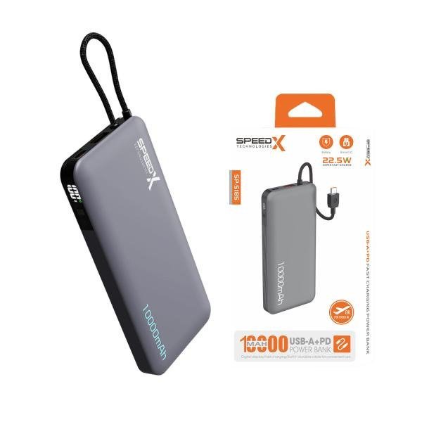 SpeedX Technologies SP-S185 10000mAh USB-A + PD 22.5W Super Fast Charge power bank in gray, shown beside its retail packaging. Features a built-in braided USB-C cable, digital display, and is airline carry-on approved.
