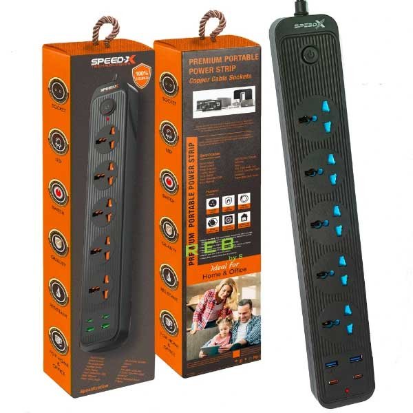 504pu Speed-X Premium Portable Power Strip 5socket+2usb Port+2 Type C Usb Cabel Length 2m