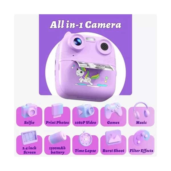 D8s Childrens Time Front/back Rear Hd Digital Thermal Print Camera 1080p 48mp Purple