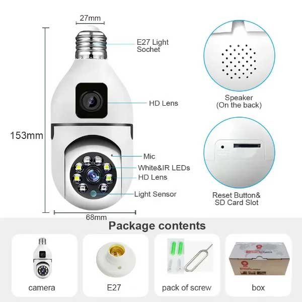 SPEED-X Sp-e28-2 DUAL LENS BULB CAMERA 1080P WIFI PANORAMIC NIGHT VISION MOTION DETECTION WITH V380 PRO APP