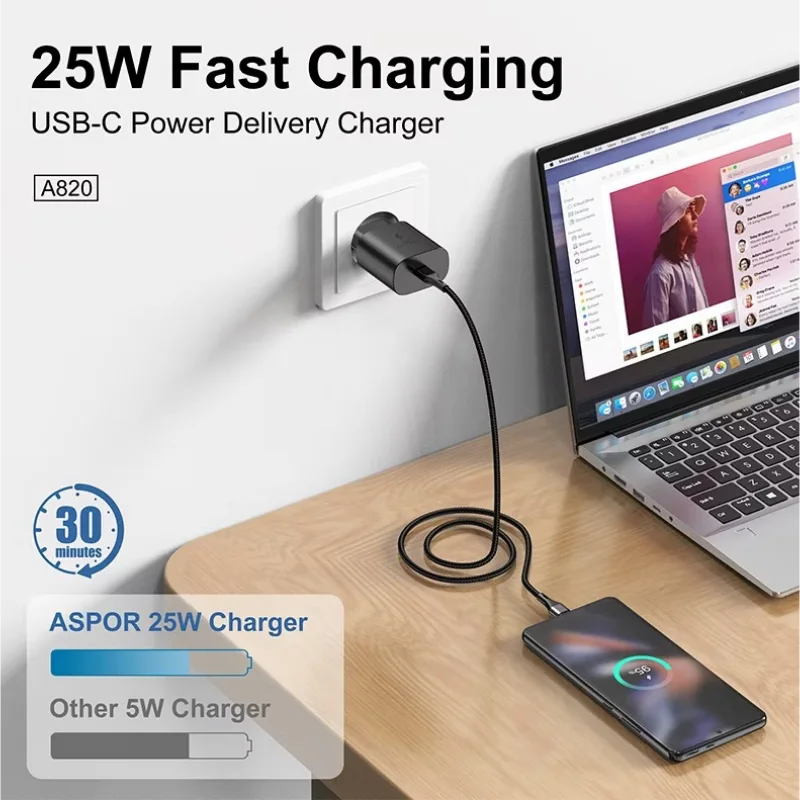 Aspor A820EU 25W USB-C fast charging power adapter with PPS and IQ Smart Charging technology for smartphones, tablets, and USB-C devices. Online Hafeez Center