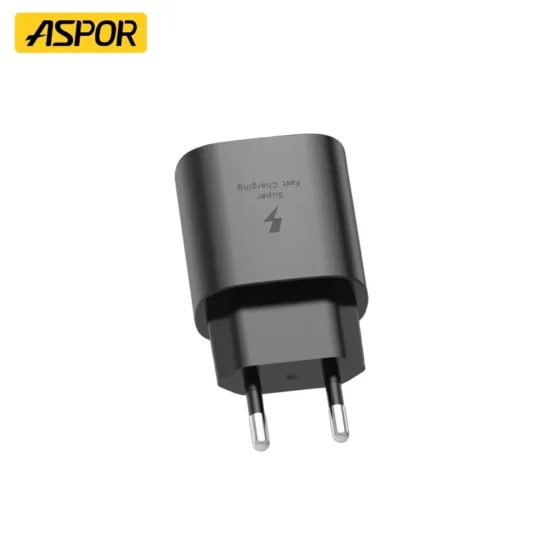 Aspor A820EU 25W USB-C fast charging power adapter with PPS and IQ Smart Charging technology for smartphones, tablets, and USB-C devices.