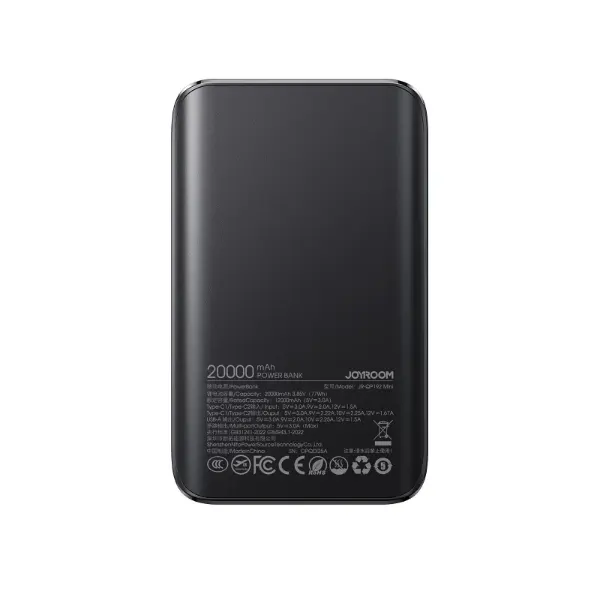 a black mini portable power bank with led display. Back side product technical parameters.