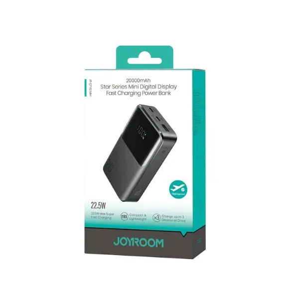 a black mini portable power bank with led display. Box View