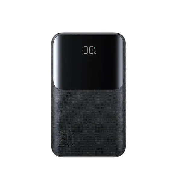a black mini portable power bank with led display.